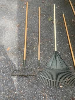Assorted Long Handle Tools: Rake, Hoe, Iron Rake