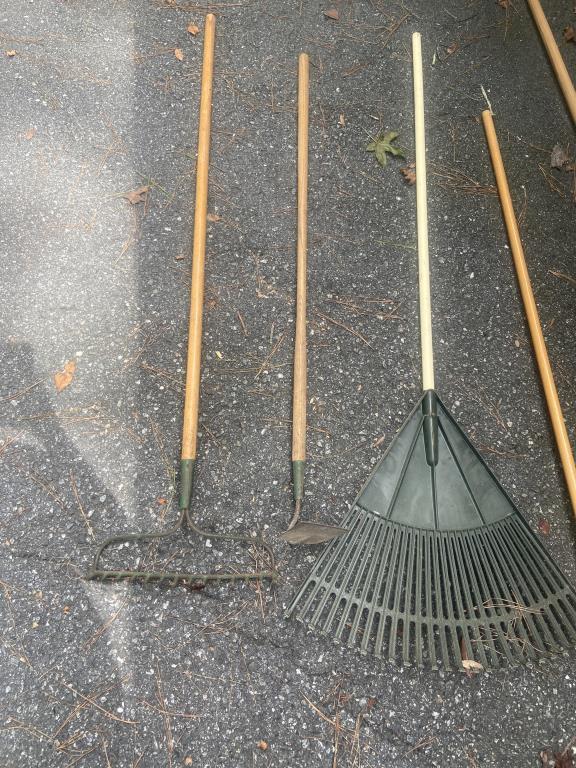 Assorted Long Handle Tools: Rake, Hoe, Iron Rake