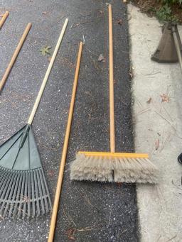 Assorted Long Handle Tools: Rake, Hoe, Iron Rake