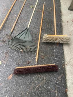 Assorted Long Handle Tools: Rake, Hoe, Iron Rake
