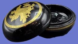 Round Black Lacquer Covered Box with Hand-Painted