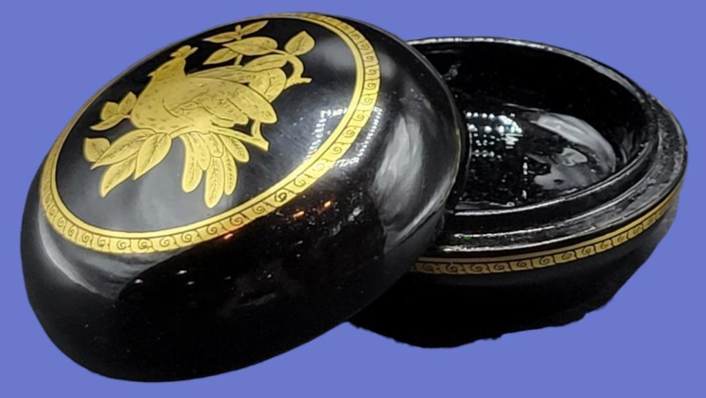Round Black Lacquer Covered Box with Hand-Painted