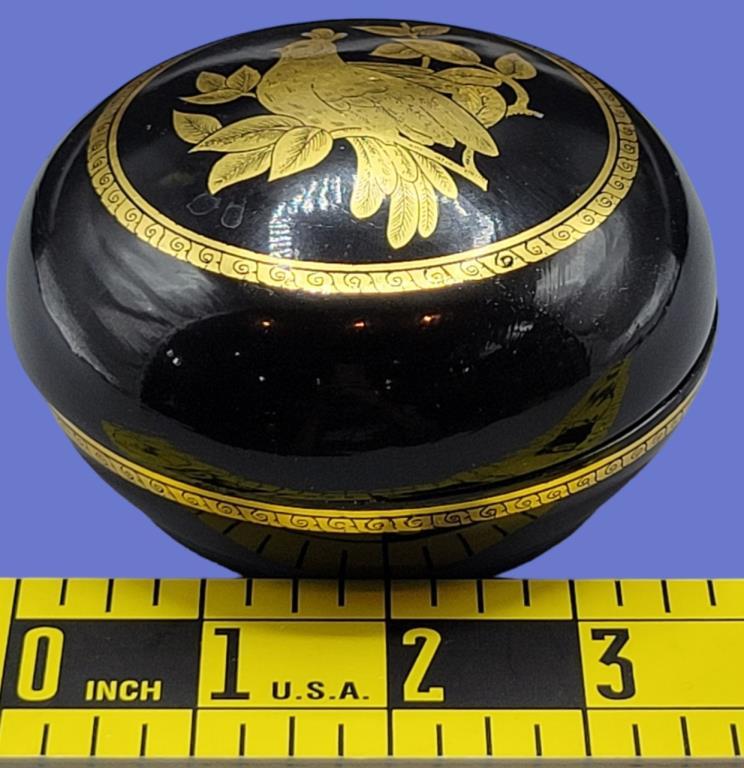 Round Black Lacquer Covered Box with Hand-Painted