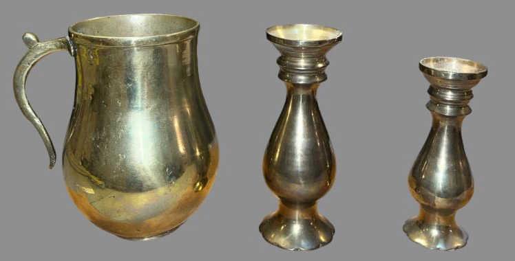Brass Pitcher Marked “B” on Top and (2) Brass