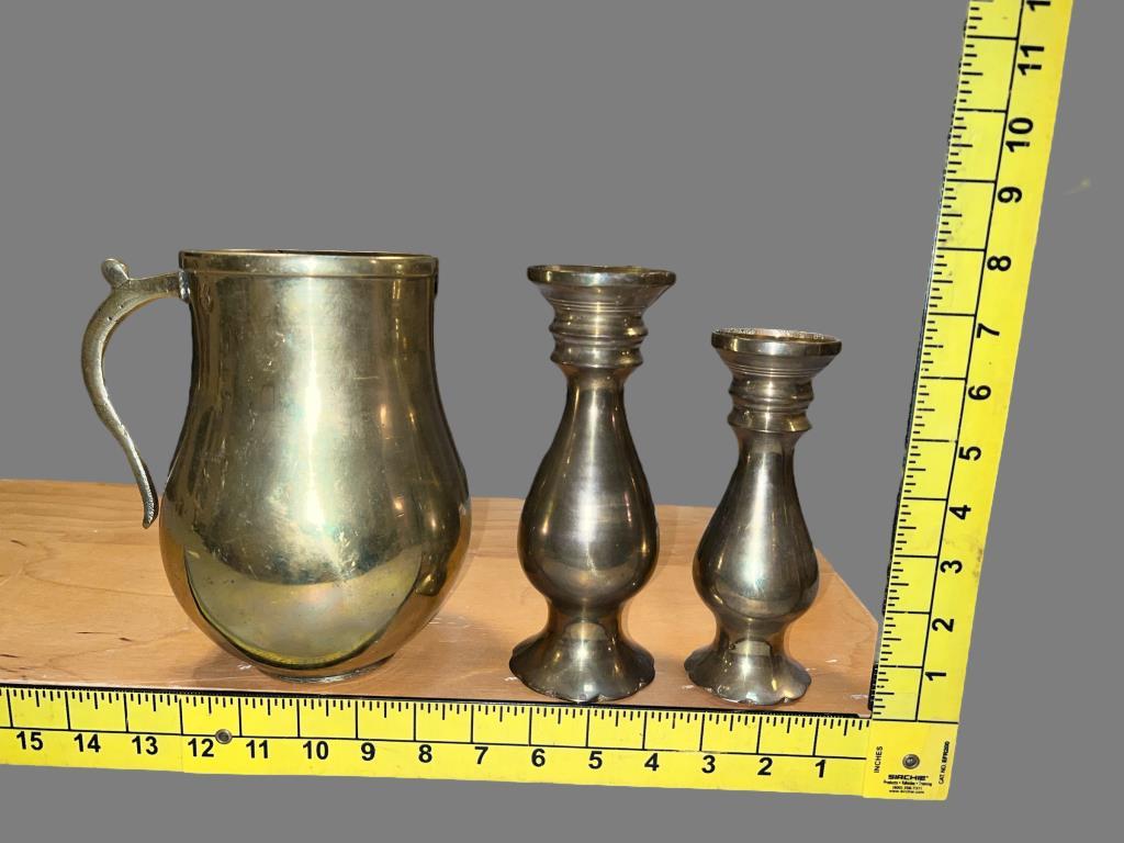 Brass Pitcher Marked “B” on Top and (2) Brass