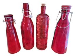 (2) Red Glass Vases & (4) Bottles