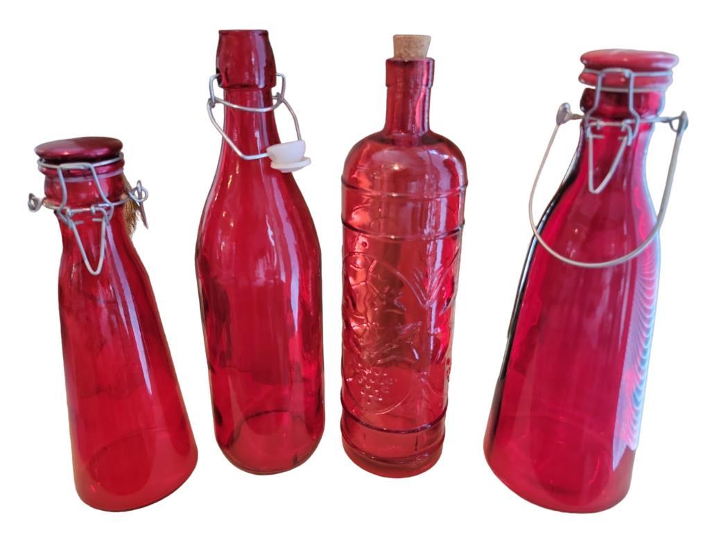 (2) Red Glass Vases & (4) Bottles