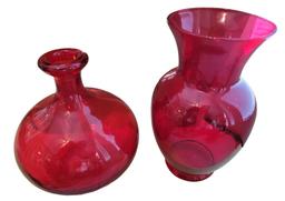 (2) Red Glass Vases & (4) Bottles