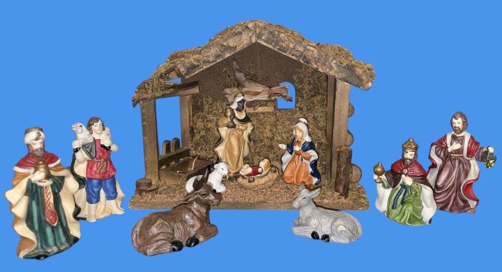 Nativity Set, Christmas Snow Globe, & Rubbermaid