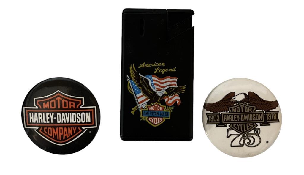 Harley Davidson Lighter and (2) Pins