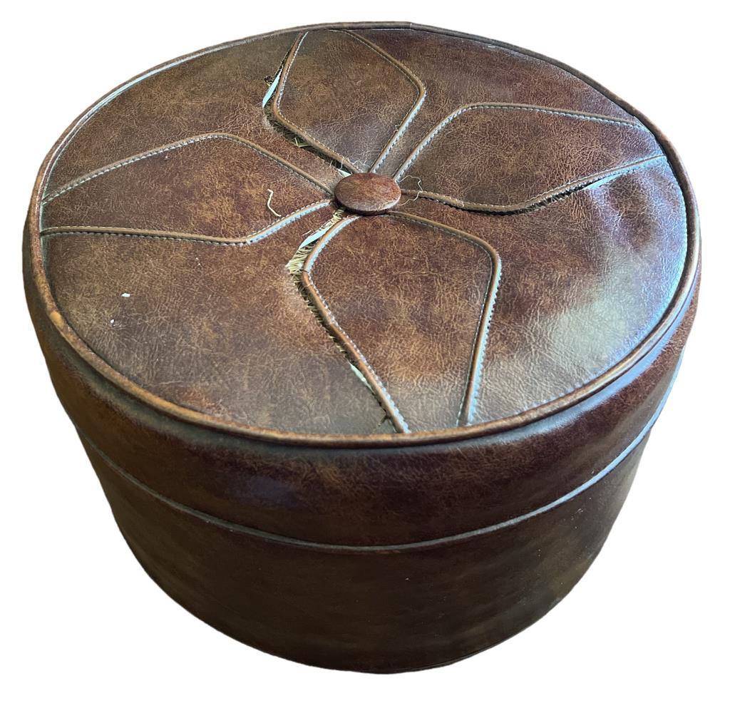 Vintage Vinyl Ottoman, Torn on Top—19” Diameter,