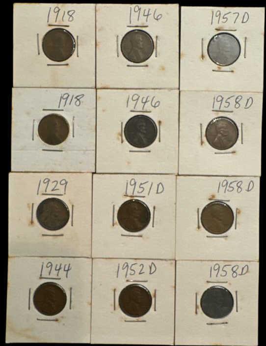 (12) Lincoln Pennies:  (2) 1918, (1) 1929, (1)