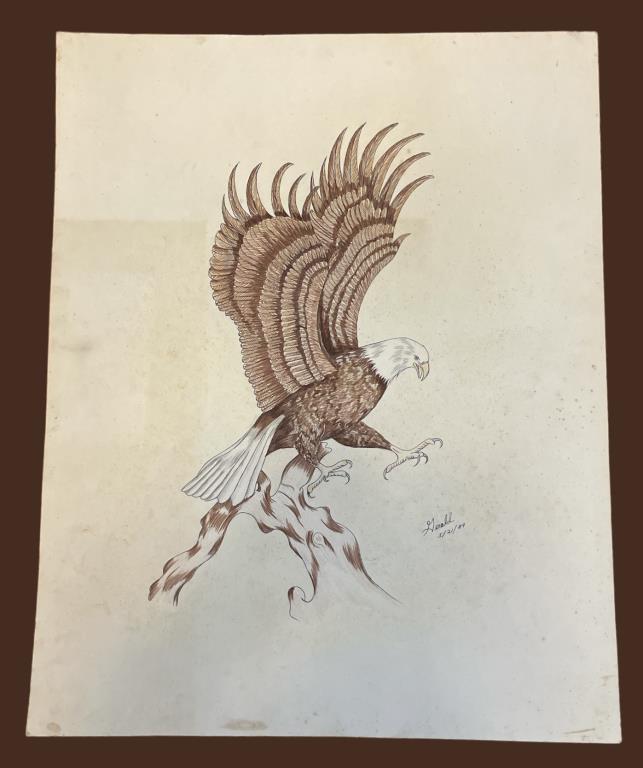 Original Signed Eagle Drawing, Mixed Media—22” X