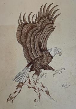 Original Signed Eagle Drawing, Mixed Media—22” X