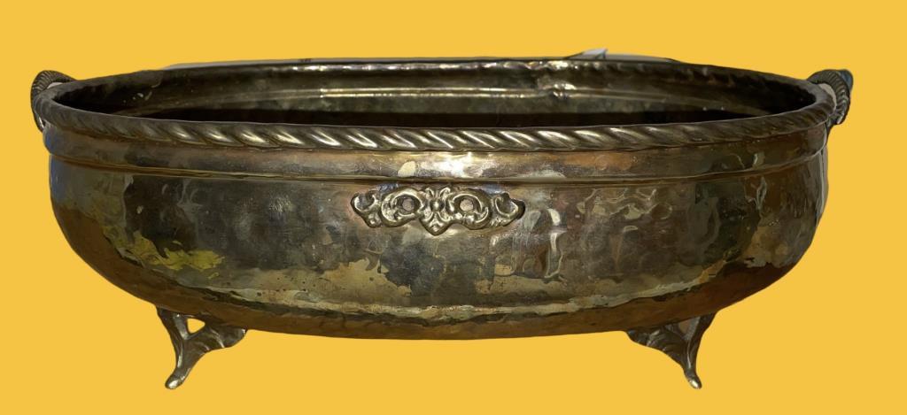 Hammered Brass Footed Planter with Elephant