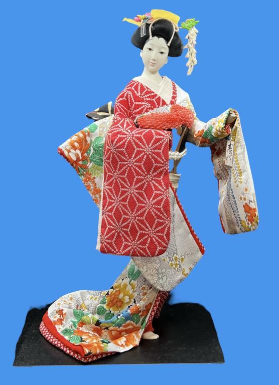 Vintage Ceramic Geisha Doll in Glass Case—Doll i