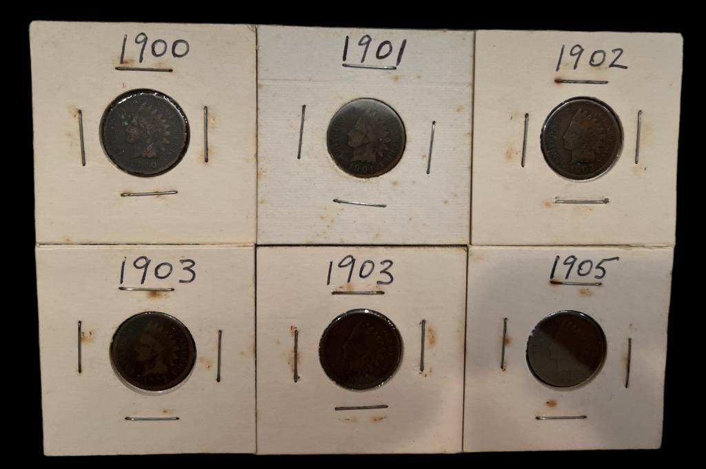 (6) Bronze Indian Head Nickels:  1900, 1901, 1902,