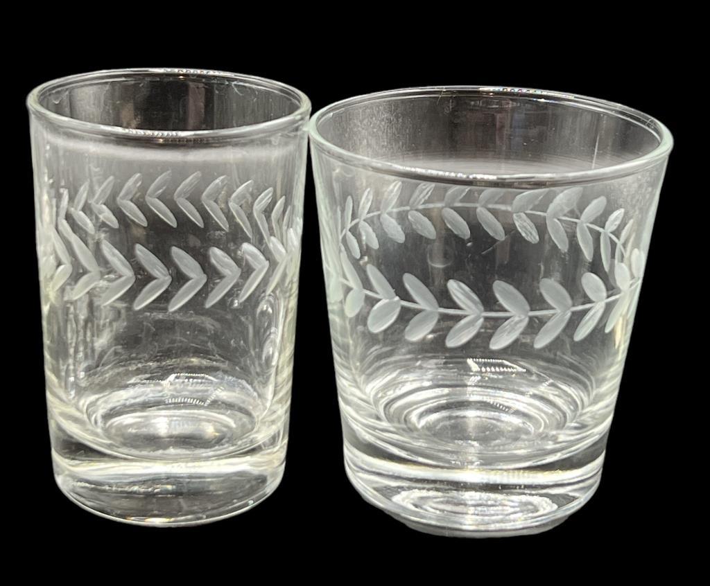 (12) Etched Glass Whiskey Glasses and (4) Juice