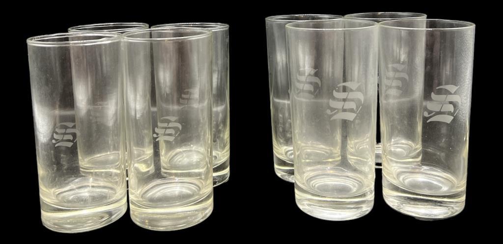 (8) Iced Tea Glasses Engraved “S"—(4) Smaller