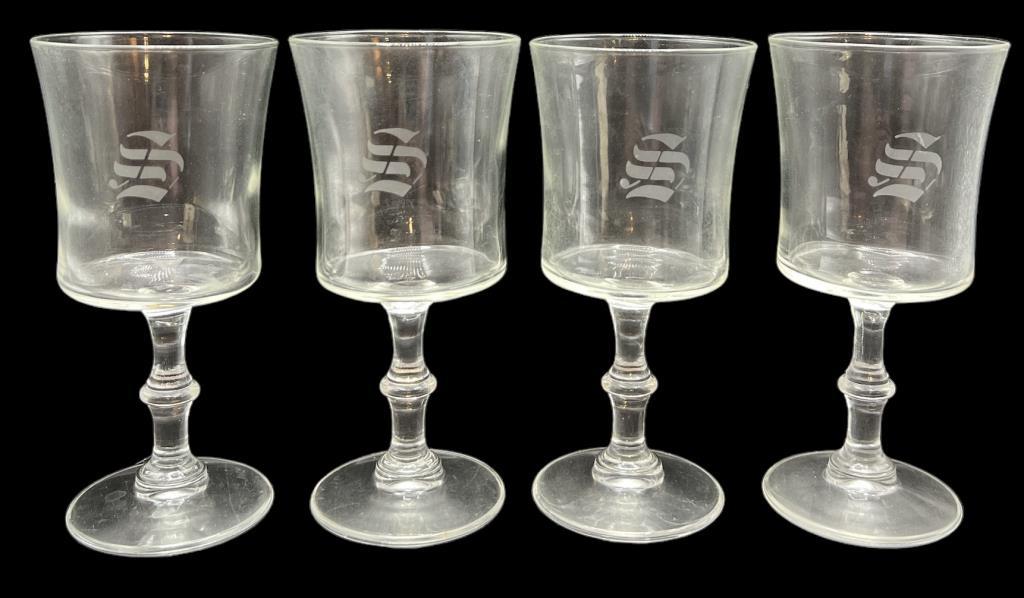 (4) Wine Glasses Engraved “S”