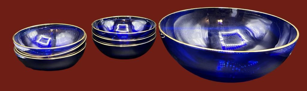 Cobalt Blue Glass with Gold Trim 7-Piece Salad