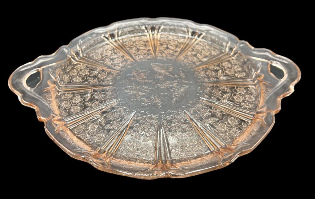 Pink “Cherry Blossom?� Cake Plate—Jeanette Glass