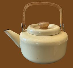 Vintage Enamel and Wooden Tea Kettle