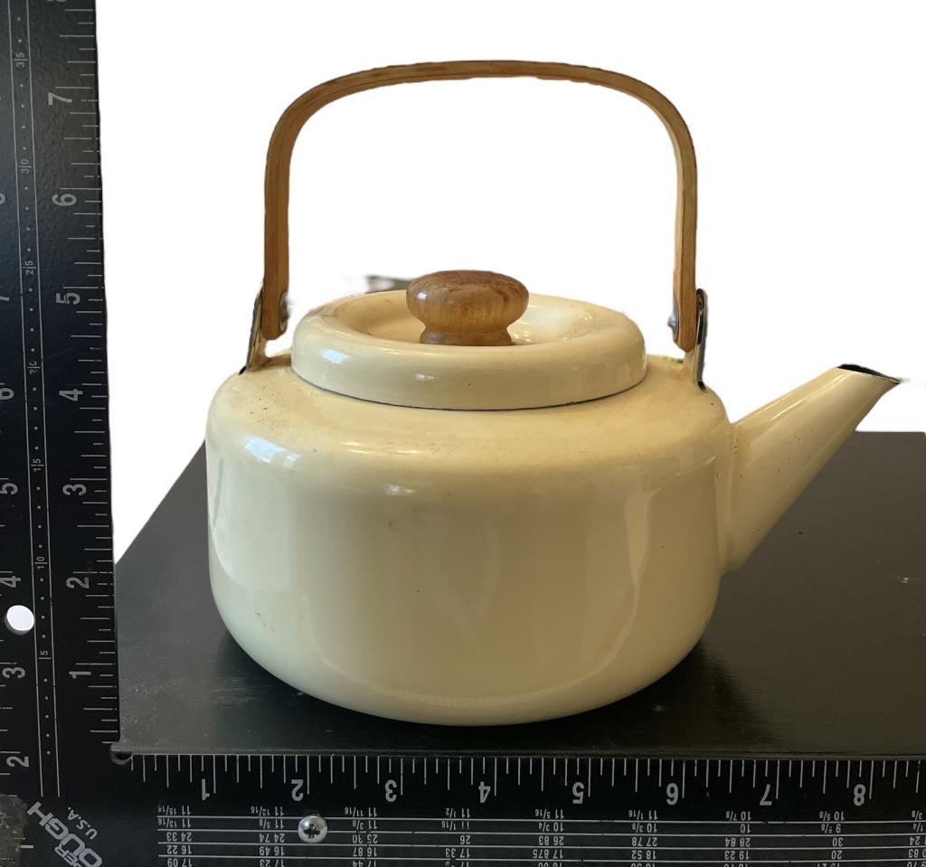 Vintage Enamel and Wooden Tea Kettle