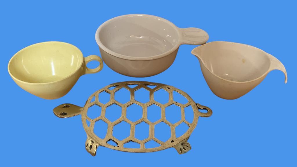 Assorted Kitchen Items: Melmac Cup, Melmac