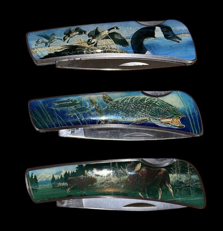 (3) Pocket Knives Decorated With Wildlife Scenes
