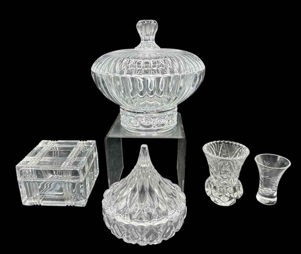 Assorted Glass Items: Covered Footed Dish 7” D,