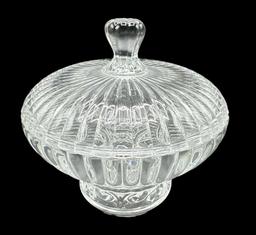 Assorted Glass Items: Covered Footed Dish 7” D,