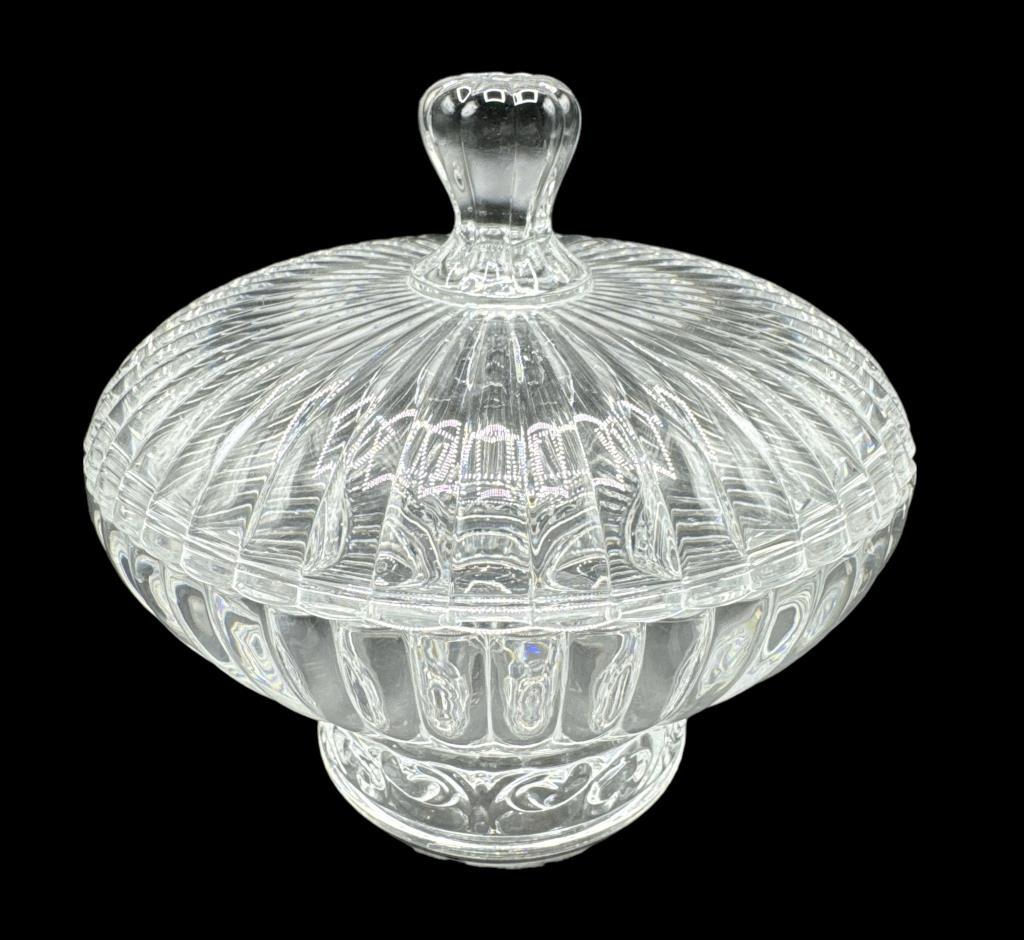 Assorted Glass Items: Covered Footed Dish 7” D,