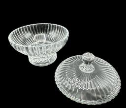 Assorted Glass Items: Covered Footed Dish 7” D,