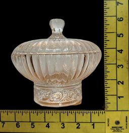 Assorted Glass Items: Covered Footed Dish 7” D,