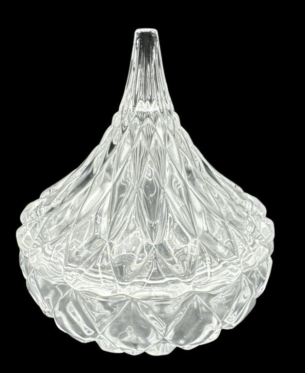 Assorted Glass Items: Covered Footed Dish 7” D,
