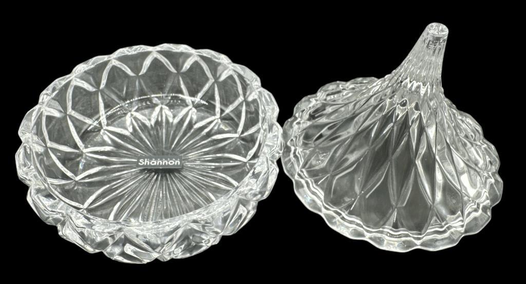 Assorted Glass Items: Covered Footed Dish 7” D,