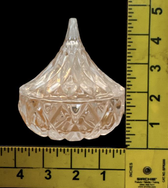 Assorted Glass Items: Covered Footed Dish 7” D,