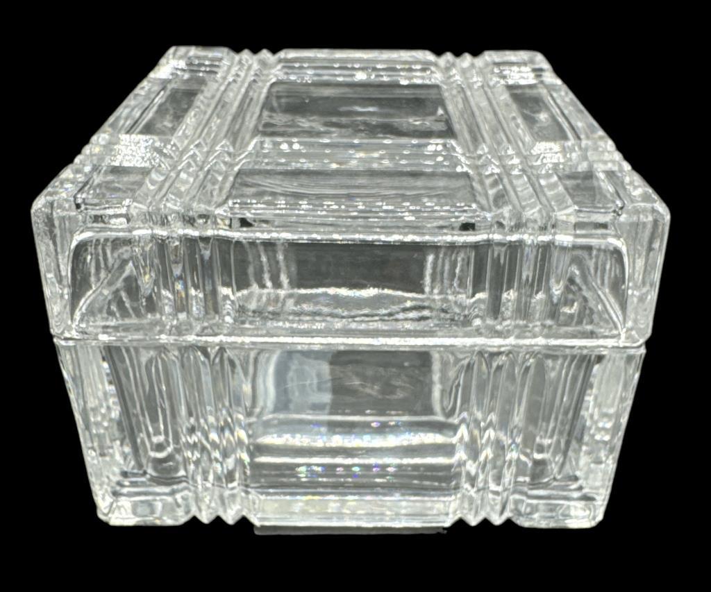 Assorted Glass Items: Covered Footed Dish 7” D,