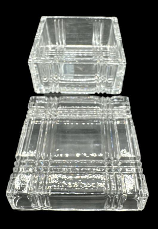 Assorted Glass Items: Covered Footed Dish 7” D,