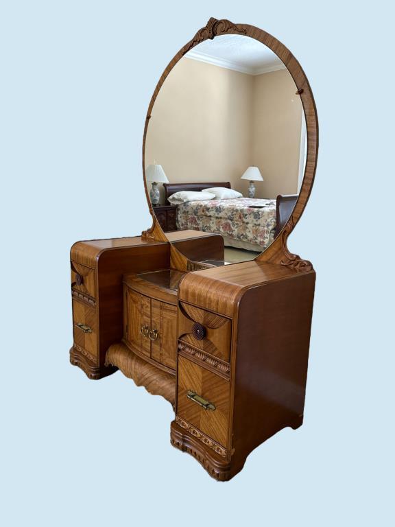 Art Deco Waterfall Vanity with Mirror, (2) Center