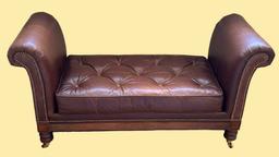 Leather Rolled Arm Bench with Tufted Seat, Brass