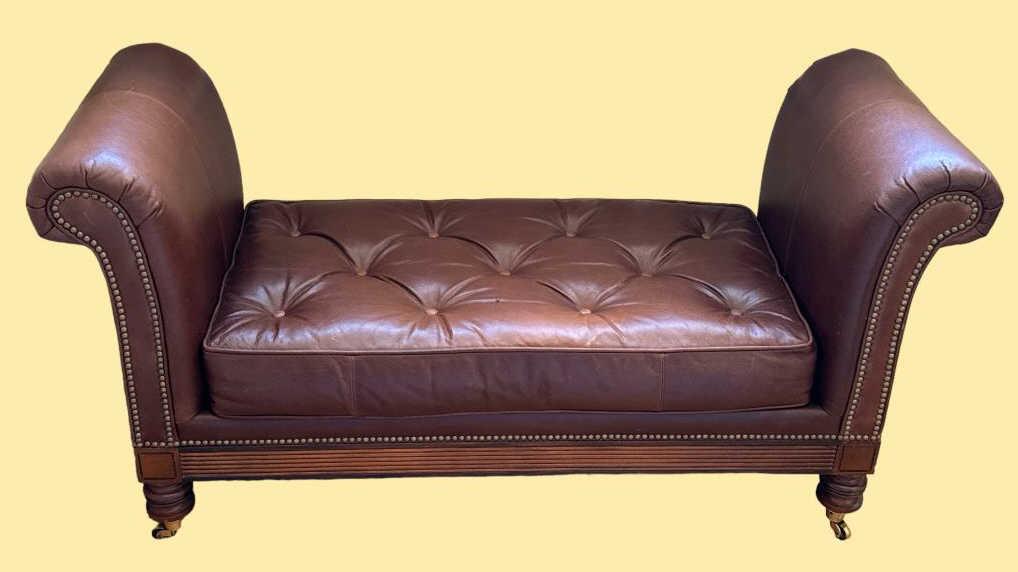 Leather Rolled Arm Bench with Tufted Seat, Brass