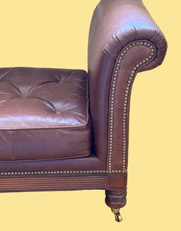 Leather Rolled Arm Bench with Tufted Seat, Brass