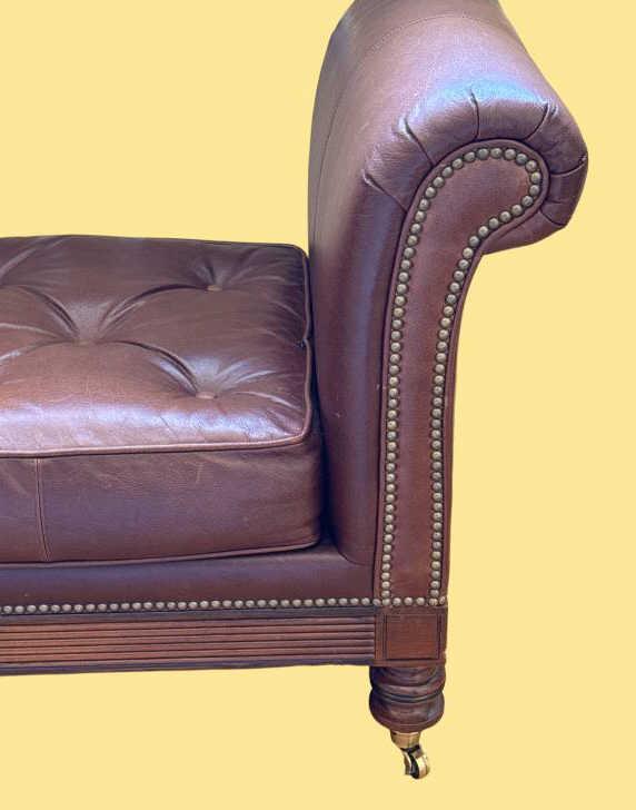 Leather Rolled Arm Bench with Tufted Seat, Brass