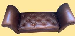 Leather Rolled Arm Bench with Tufted Seat, Brass
