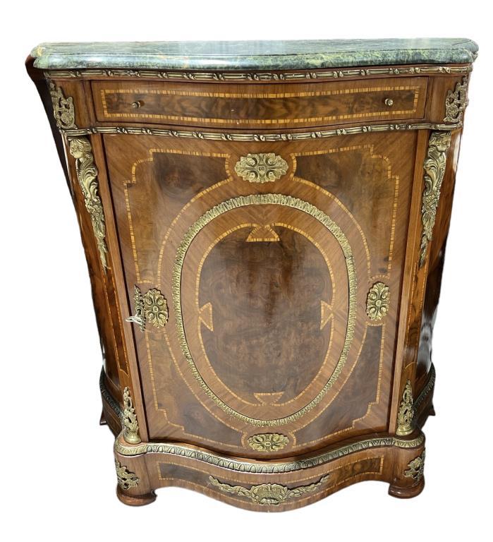 Marble Top Console Cabinet With Wooden Inlay and
