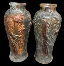 (2) Antique Goofus Glass Cockatiel Vases—12.5”