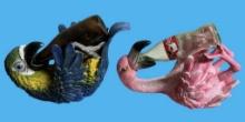 (2) Wine Bottle Holders: Flamingo & Parrot
