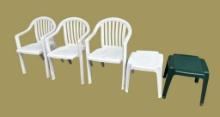 (3) Plastic Outdoor Chairs and (2) Plastic Side